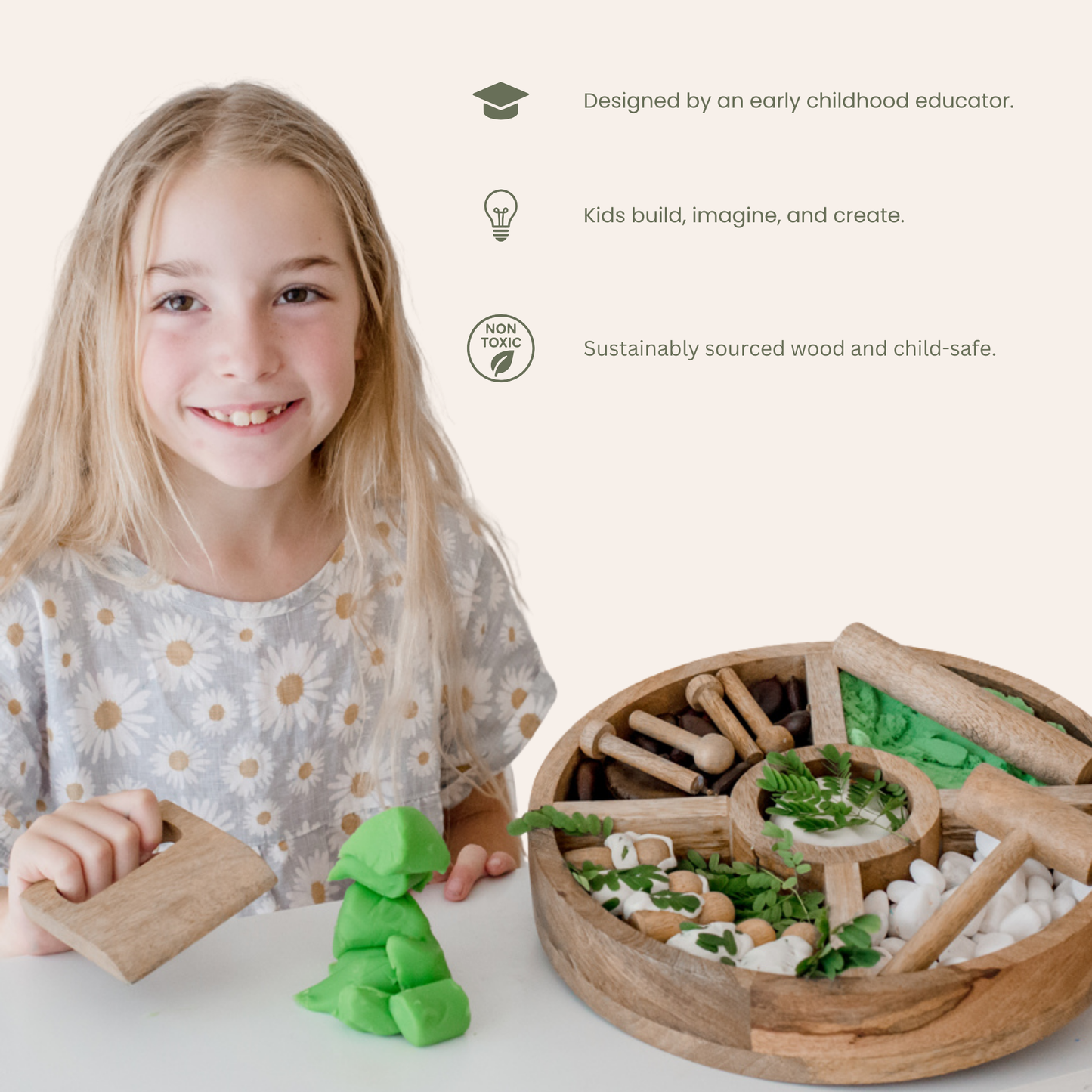 Wooden Tinker Tray Playdough Set – Montessori Tools & Peg Dolls for Ages 2–6