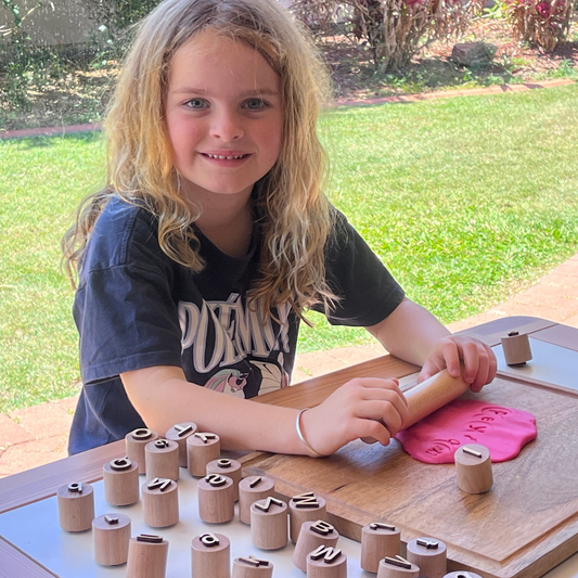Kookaroo Wooden Alphabet Playdough Stamp Set – Uppercase & Lowercase Letters + Rolling Pin + Bag