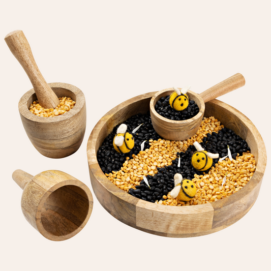 Round Tray Sensory Set – Wooden Funnel, Scoop & Mortar Play Kit