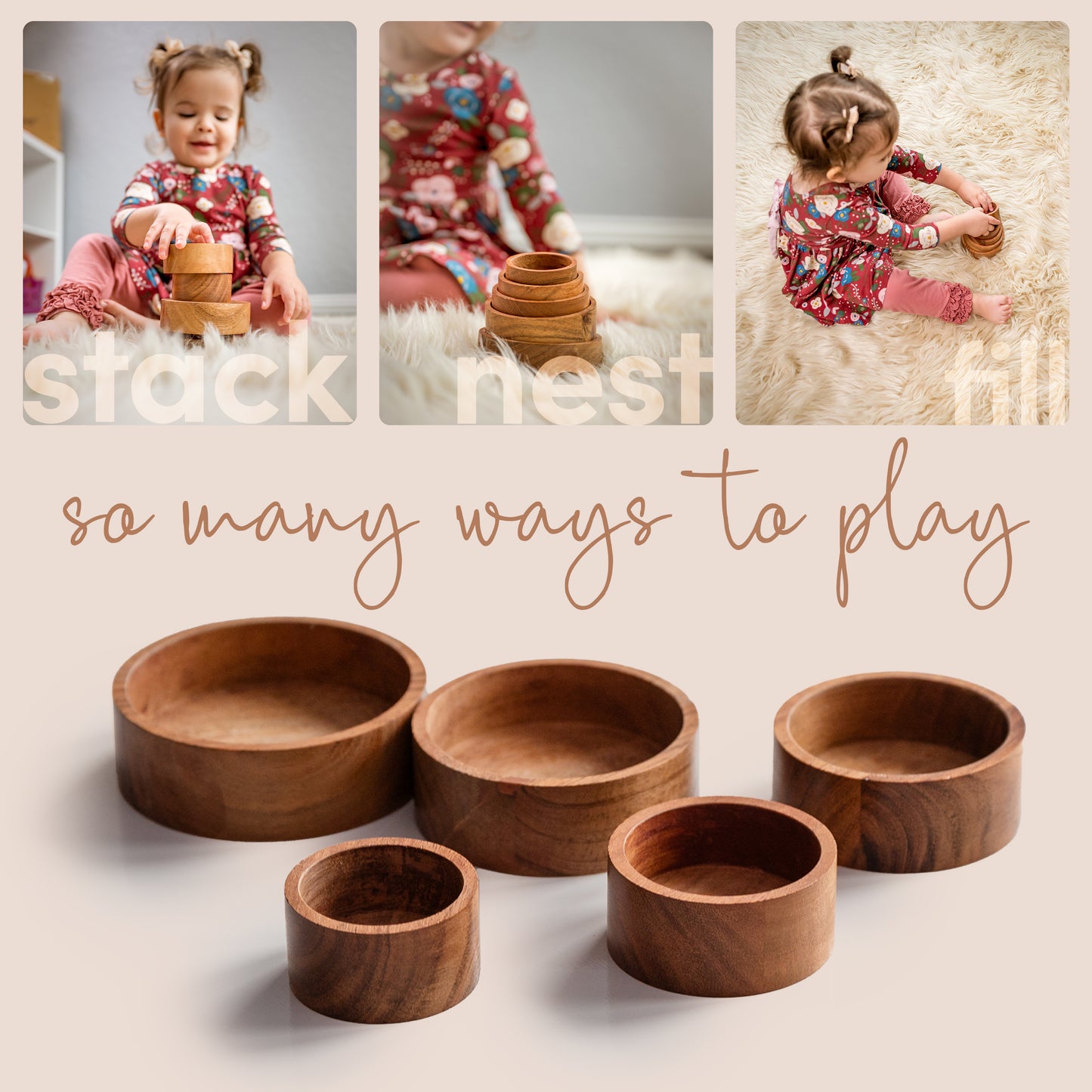 Wooden Sensory Stacking Bowls – Montessori Nesting Toy for Toddlers