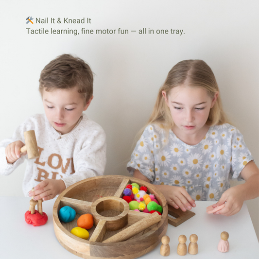 Wooden Tinker Tray Playdough Set – Montessori Tools & Peg Dolls for Ages 2–6