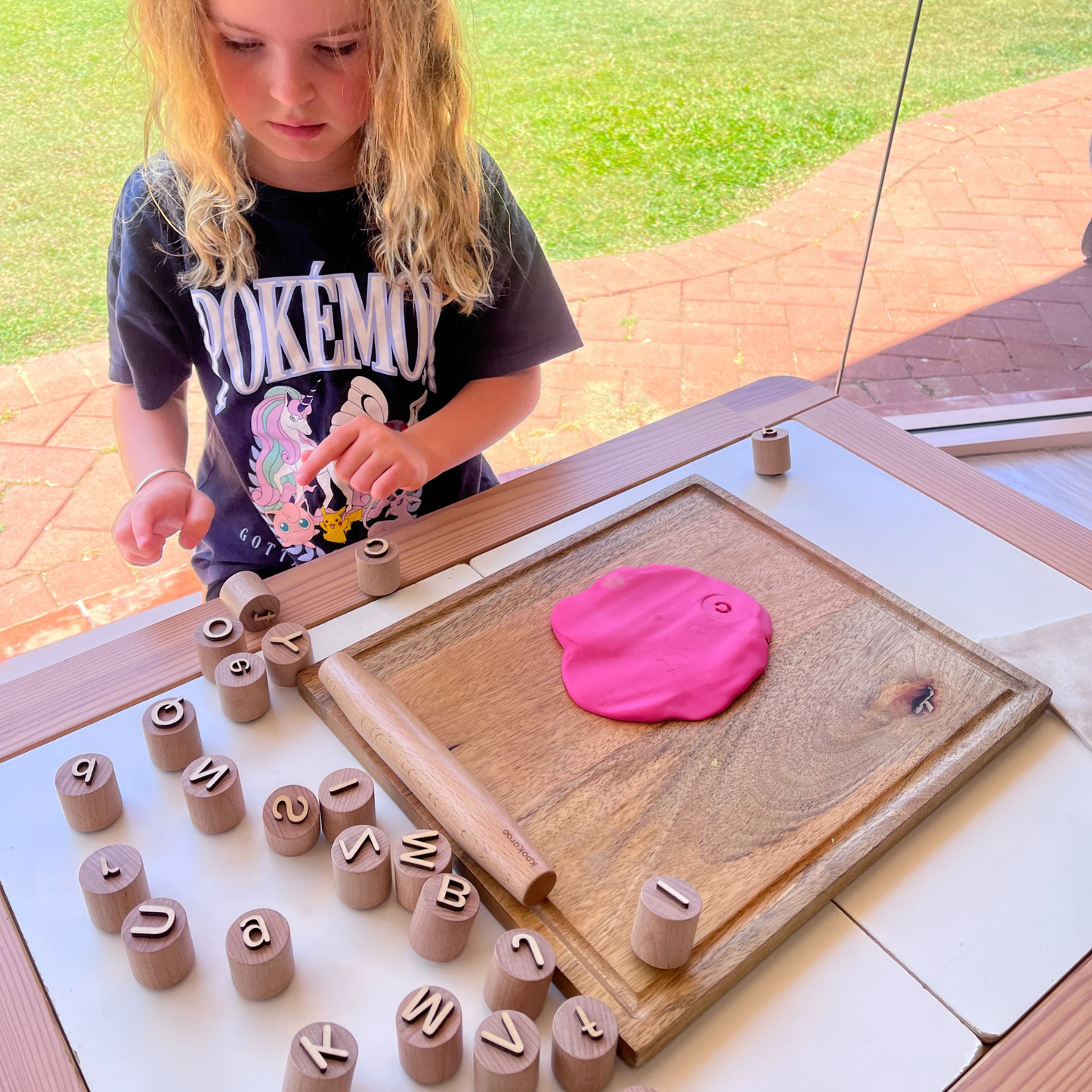 Kookaroo Wooden Alphabet Playdough Stamp Set – Uppercase & Lowercase Letters + Rolling Pin + Bag