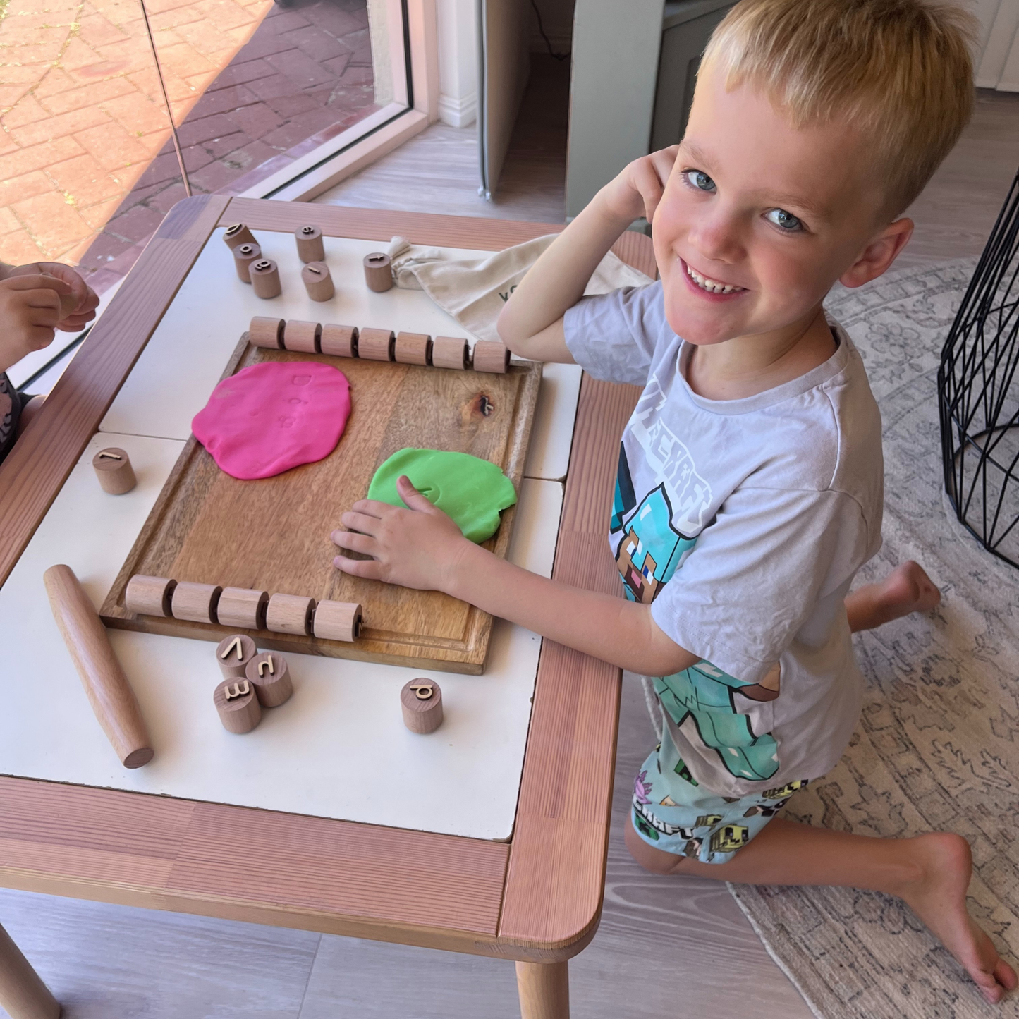 Kookaroo Wooden Alphabet Playdough Stamp Set – Uppercase & Lowercase Letters + Rolling Pin + Bag