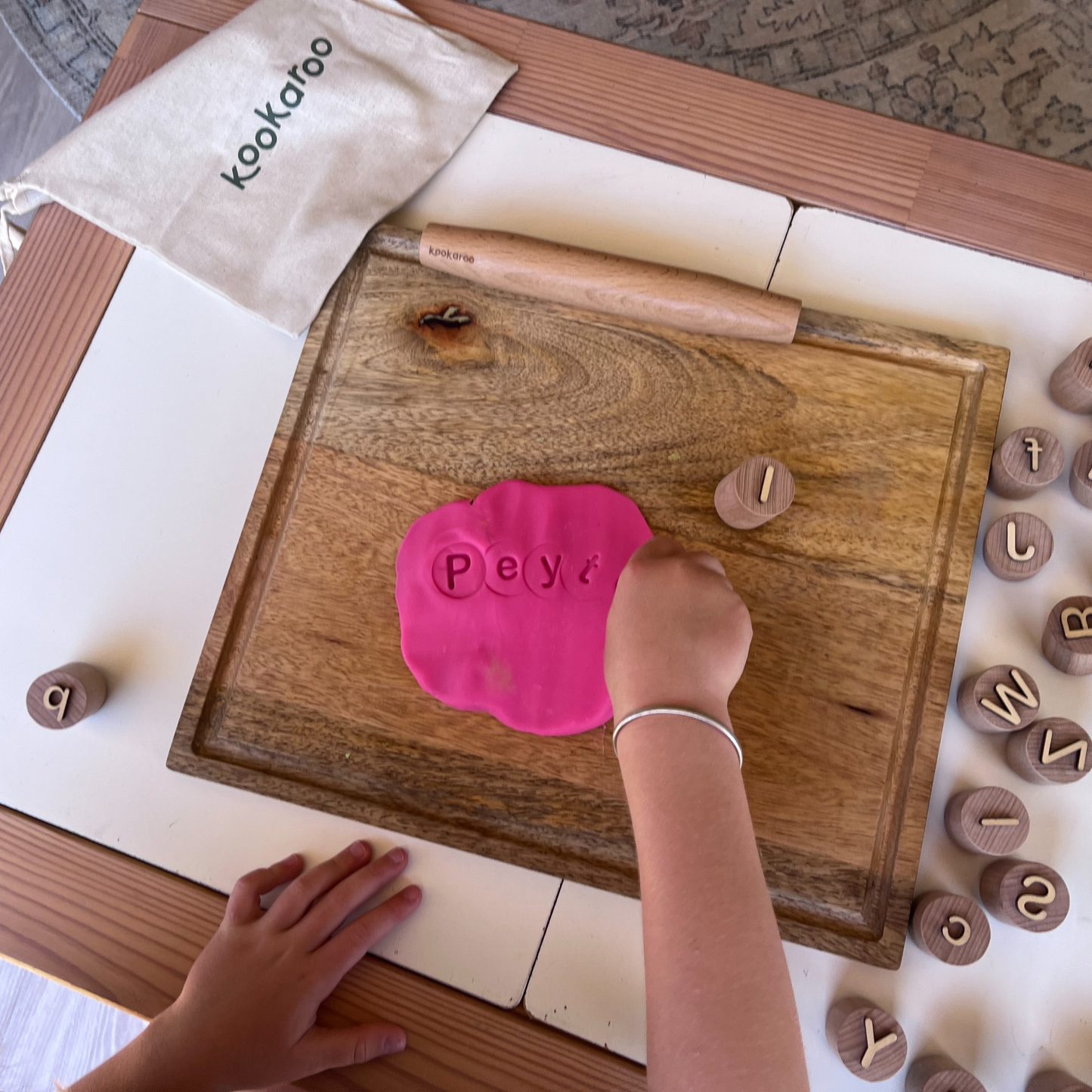 Kookaroo Wooden Alphabet Playdough Stamp Set – Uppercase & Lowercase Letters + Rolling Pin + Bag
