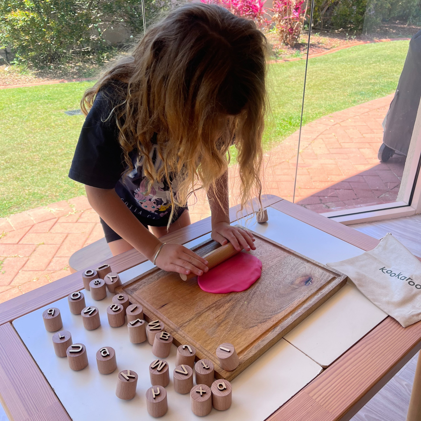 Kookaroo Wooden Alphabet Playdough Stamp Set – Uppercase & Lowercase Letters + Rolling Pin + Bag