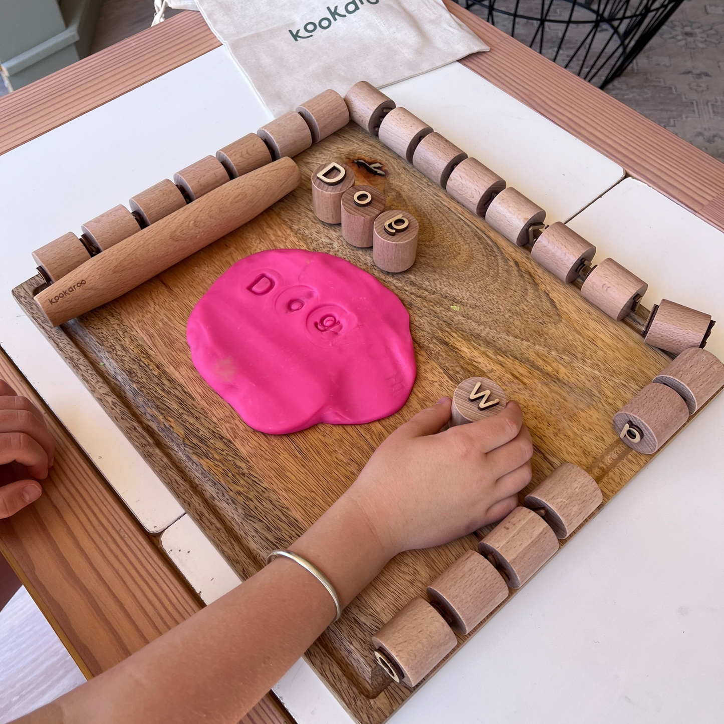 Kookaroo Wooden Alphabet Playdough Stamp Set – Uppercase & Lowercase Letters + Rolling Pin + Bag