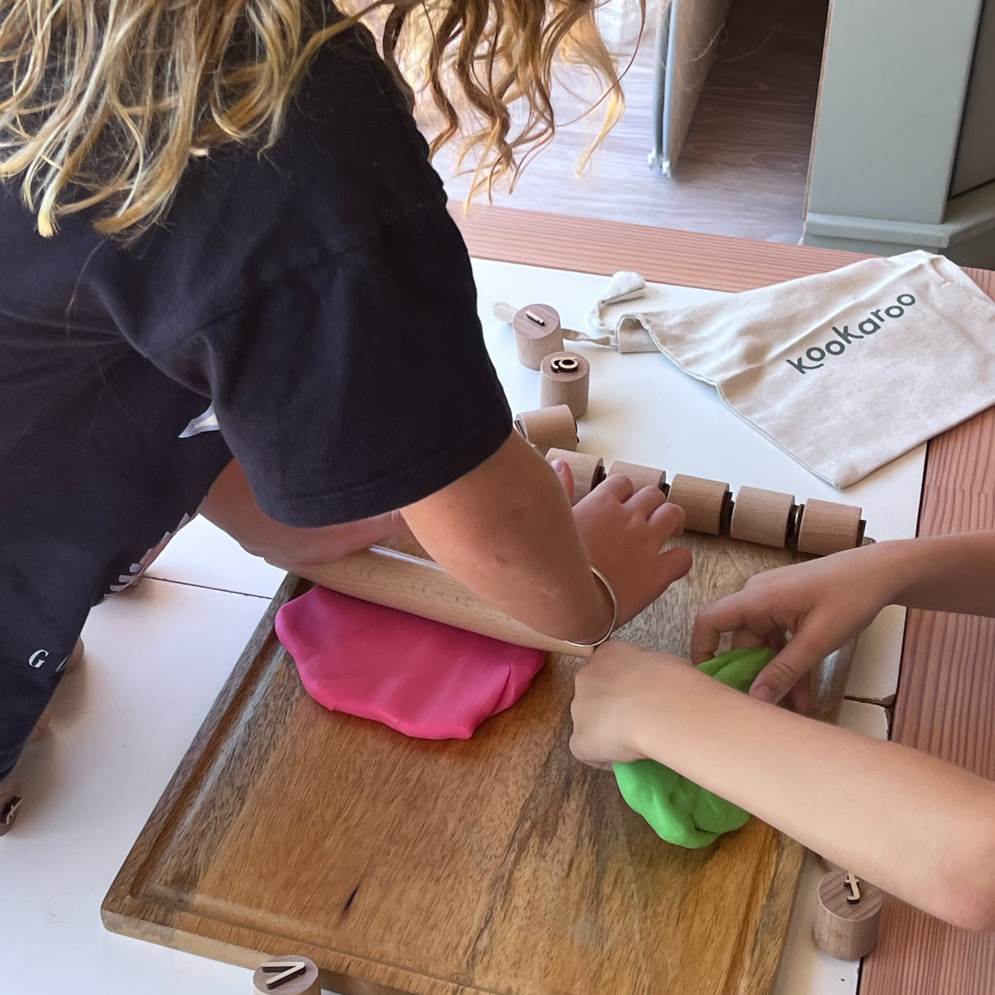 Kookaroo Wooden Alphabet Playdough Stamp Set – Uppercase & Lowercase Letters + Rolling Pin + Bag