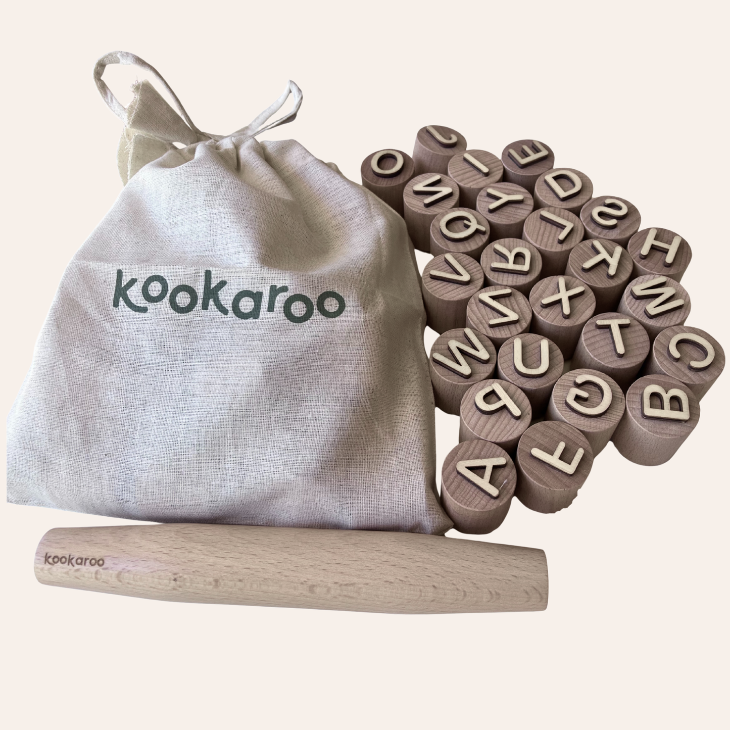 Kookaroo Wooden Alphabet Playdough Stamp Set – Uppercase & Lowercase Letters + Rolling Pin + Bag