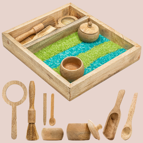 Wooden Sensory Bin Set – Montessori Rectangle Tray with Tools & Bowls