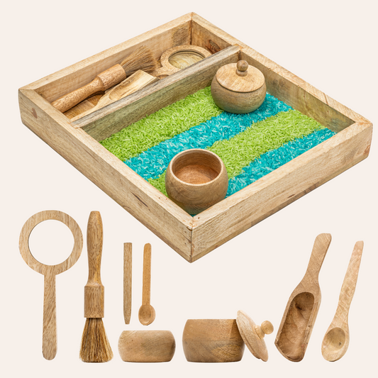 Wooden Sensory Bin Set – Montessori Rectangle Tray with Tools & Bowls