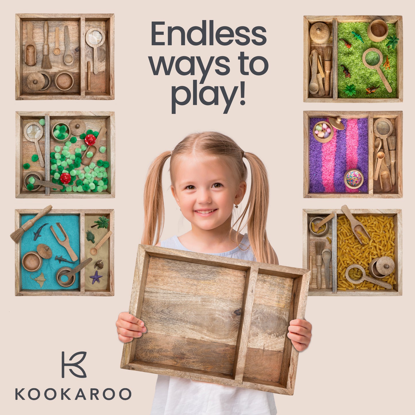 Wooden Sensory Bin Set – Montessori Rectangle Tray with Tools & Bowls
