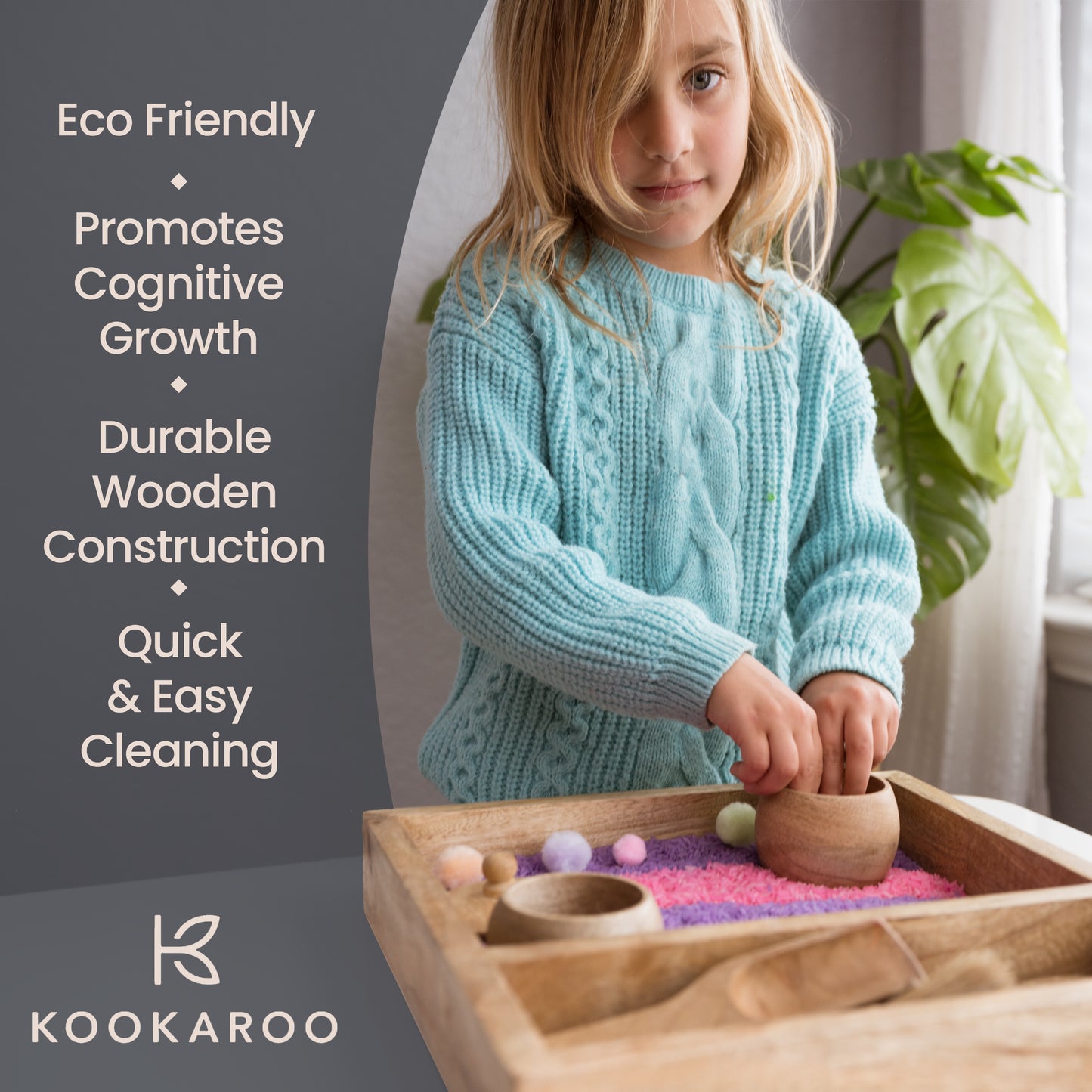 Wooden Sensory Bin Set – Montessori Rectangle Tray with Tools & Bowls