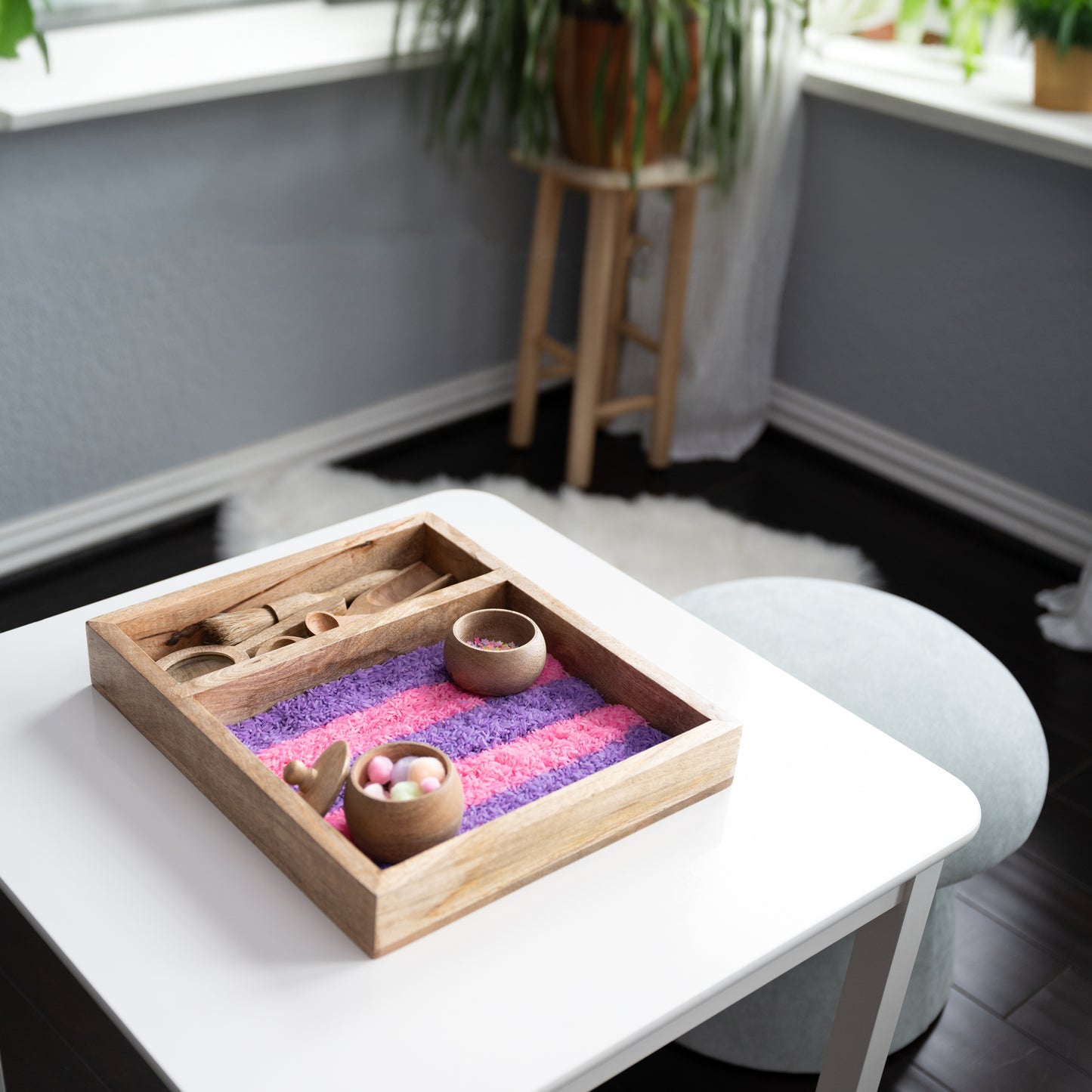 Wooden Sensory Bin Set – Montessori Rectangle Tray with Tools & Bowls