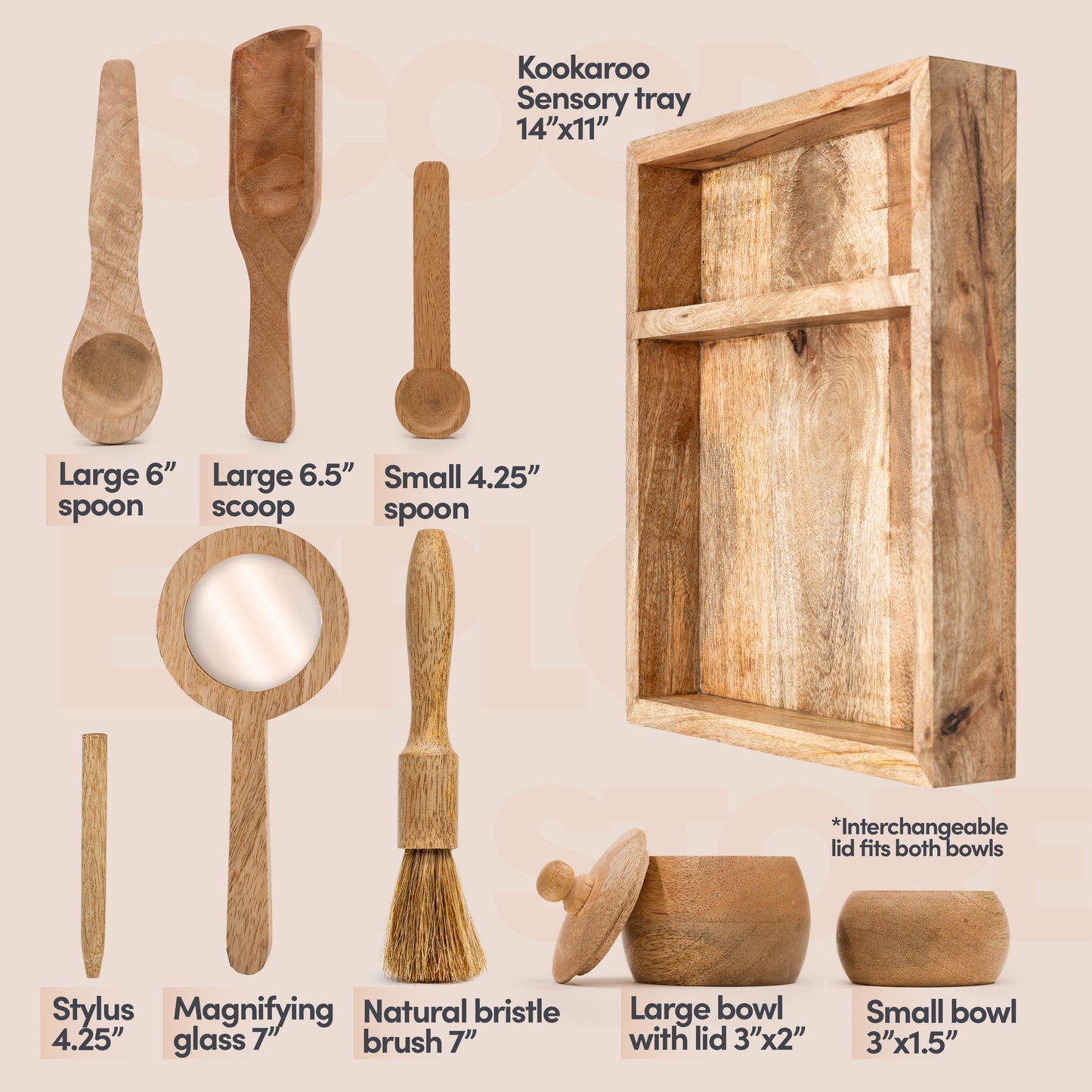Wooden Sensory Bin Set – Montessori Rectangle Tray with Tools & Bowls